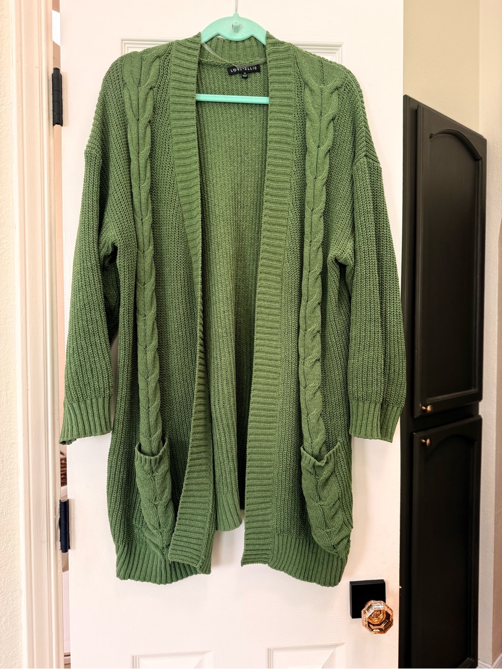 Love Ellie -  Green Cable Knit Chenille Open Front Cardigan Sweater EUC